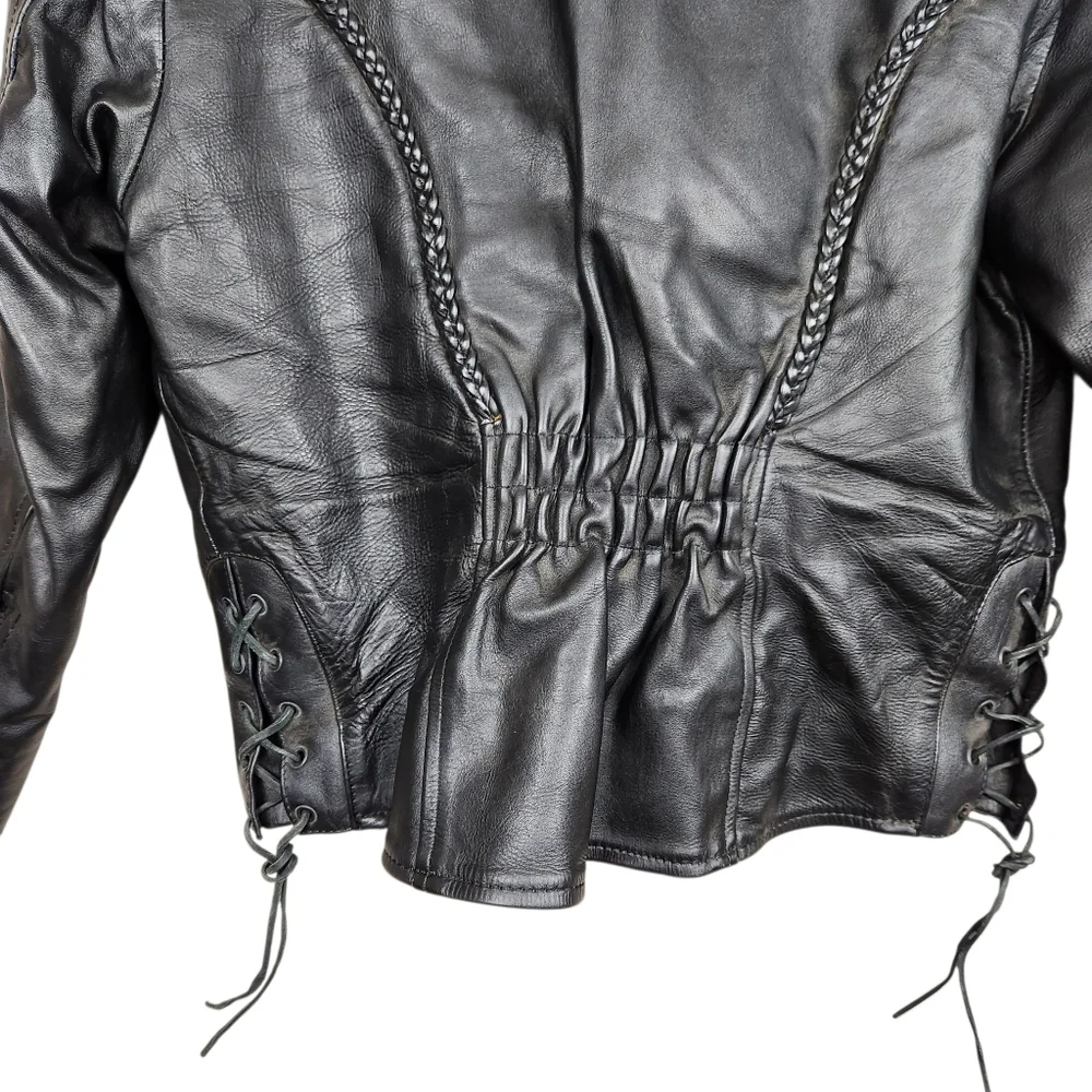 Antelope Creek Vintage Black Leather Moto Riding Jacket Braided HD Womens Size M